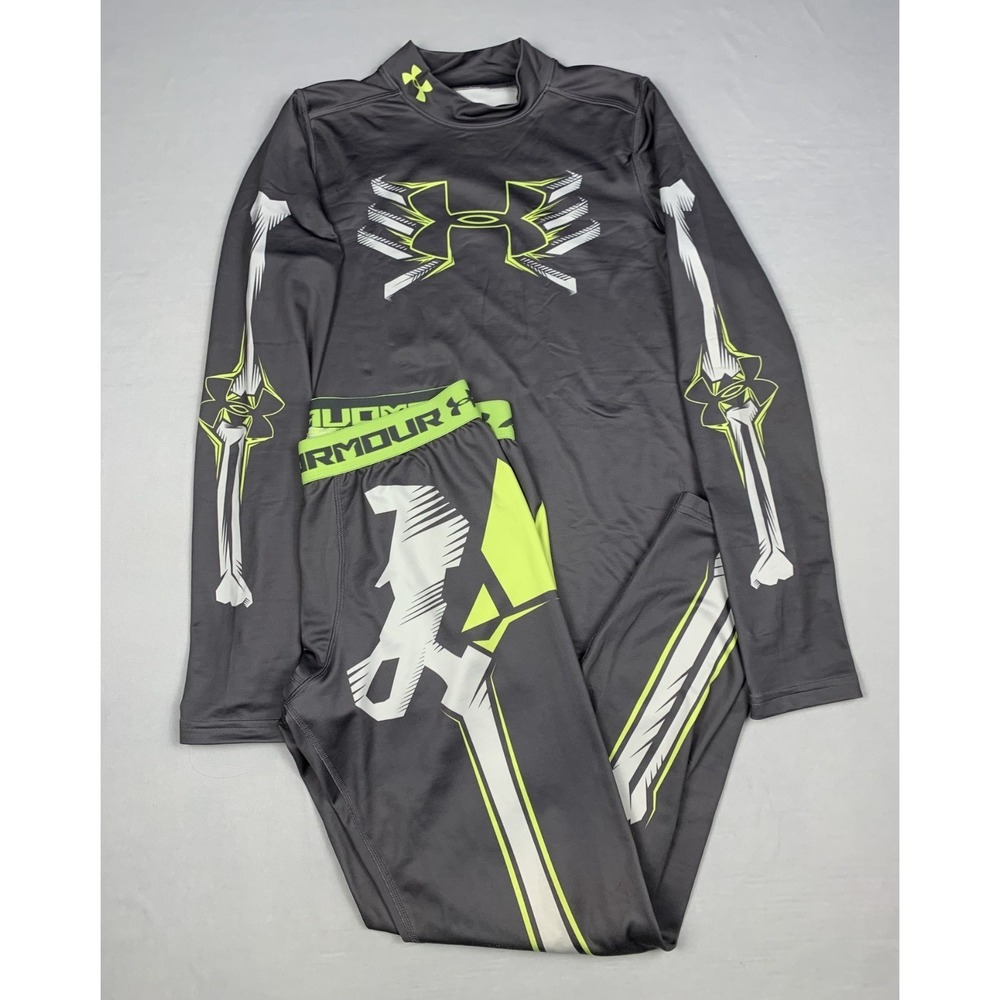 Under Armour ColdGear Shirt Pants Set Youth YXL XL Black Skeleton Glow Thermal